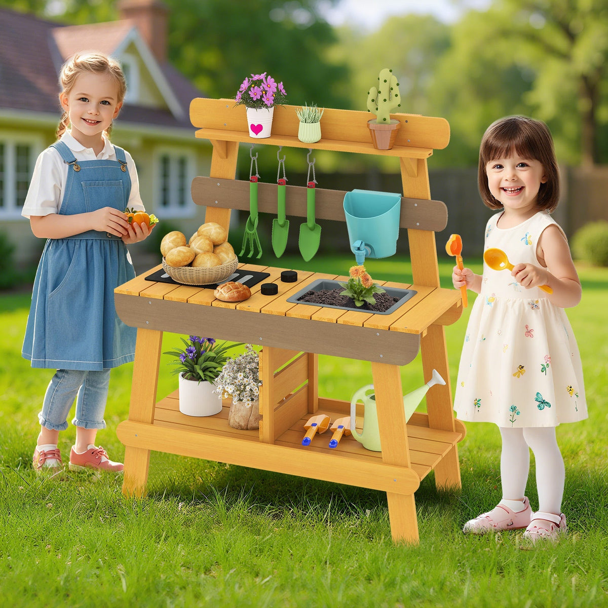 Outdoor Mud Kitchen for Kids Wooden Play Kitchen Toy for Boys Girls Aged 3-8-Yellow