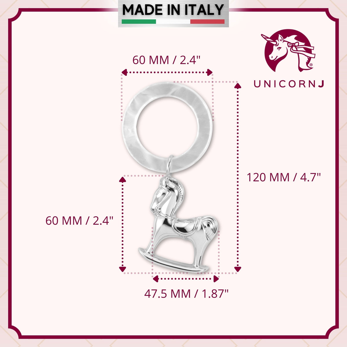 UNICORNJ Sterling Silver Keepsake Baby Rattle Rocking Horse | Complete with Gift Box | Gift for Baby | Made in Italy